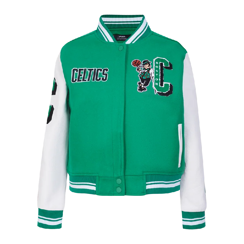 NBA BOSTON CELTICS MASHUP WOMEN'S RIB WOOL VARSITY JACKET (KELLY GREEN/ WHITE)