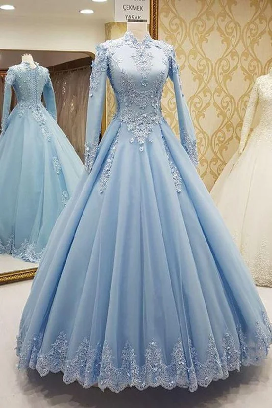 Holiday Sale Blue tulle high neck customize formal evening dress with long sleeves,DS4133