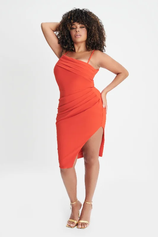 boho dressCHANTELLE Curve Asymmetric Pleat Midi Dress In Coral Red