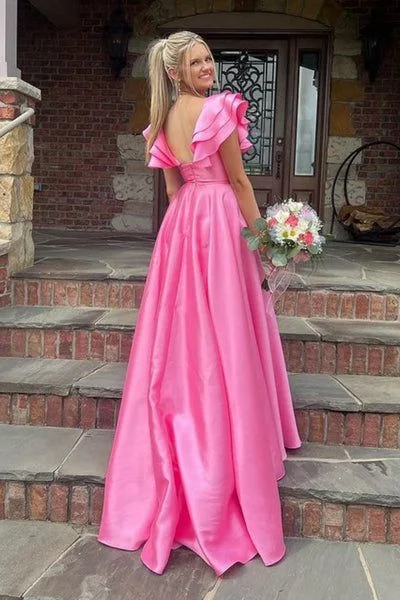 wrap-around dressHot Pink V-Neck Ruffle A-Line Long Prom Dress,DP0133