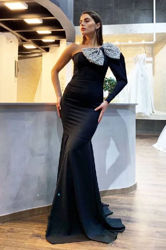 Blowout Deals ELEGANT BLACK CHIFFON MERMAID PROM DRESS BOW ONE SHOULDER WITH LONG SLEEVE ON ONE SIDE,DS3611