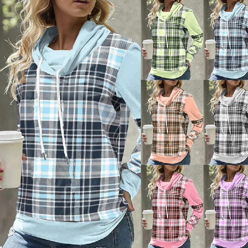 Bargain Blast European And American Plaid Printed Long Sleeve Turtleneck Loose Casual Top