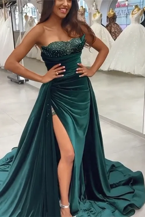 Clearance Items Dark Green Sequins Sleeveless Sweetheart Floor-length Split Front A-line Prom Dresses,F04783