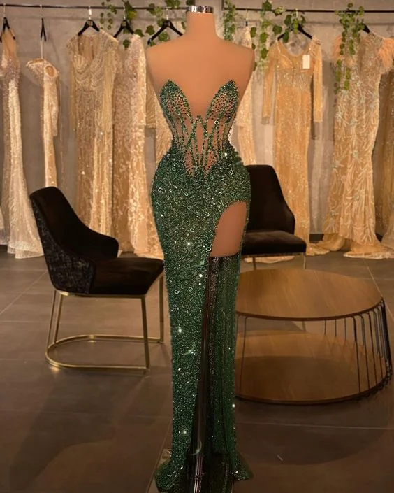 elegant evening dressGreen Mermaid Prom Dress Hight Split Sequins Evening Dress,DS4591