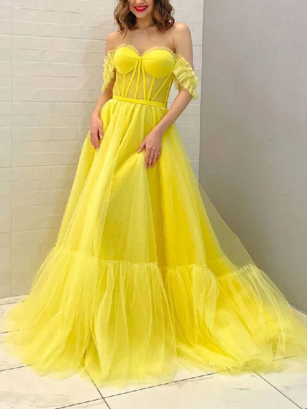 Early Bird Discount YELLOW OFF SHOULDER TULLE LONG PROM DRESS, YELLOW TULLE EVENING DRESS,DS4587