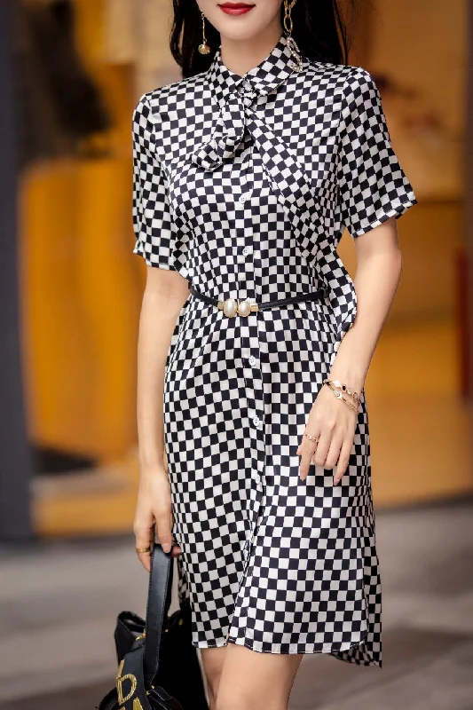 Daily Deals Short Sleeve Elegant Plaid Dress with Belt