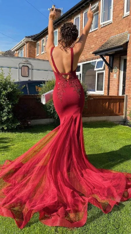 trendy wrap dressBurgundy Tulle Lace Mermaid Formal Long Prom Dress,DP0143