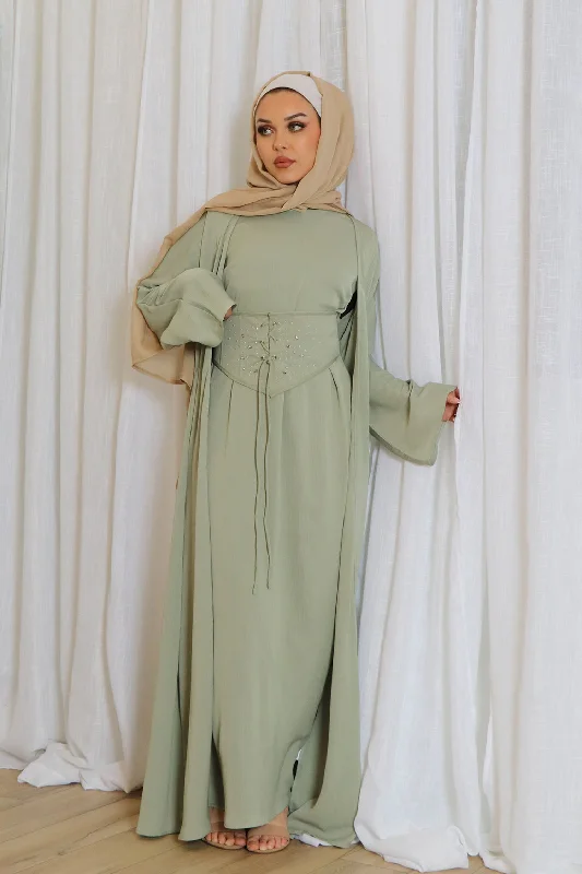 Weekend Flash Sale Elmas Textured Corset Abaya Set- Light Sage Green