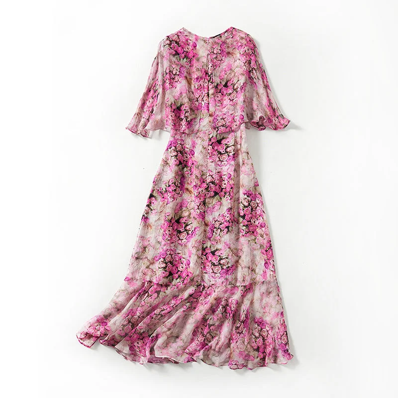 Blowout Deals Elegant Long Printed Silk Dress V-neckline Short Sleeves
