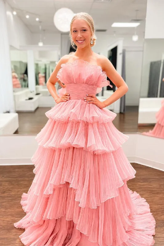 modern dressCandy Pink Tulle A-line Strapless Ruffles layers Long Prom Dress,DP0210