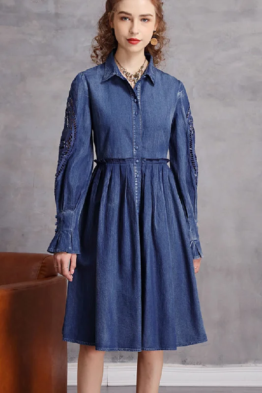 Price Cut Hollow Out Sleeve Button Down Denim A-line Dress