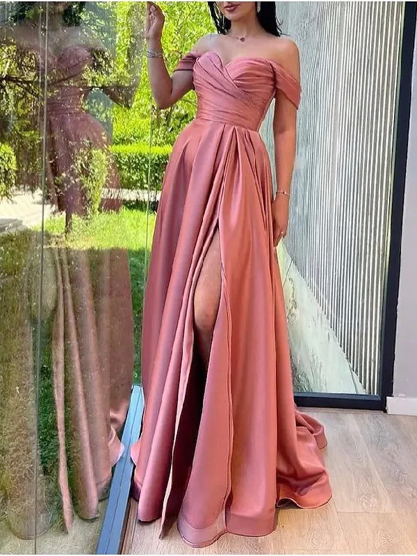 elegant maxi dressPink Pleats Off the Shoulder Prom Dress With Slit,DP0148