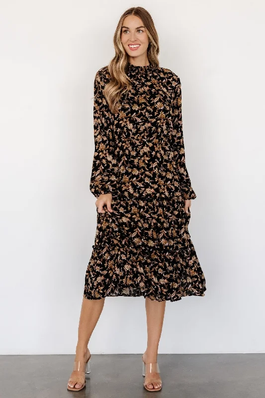 casual shift dressKenice Mock Neck Dress | Black + Camel Print