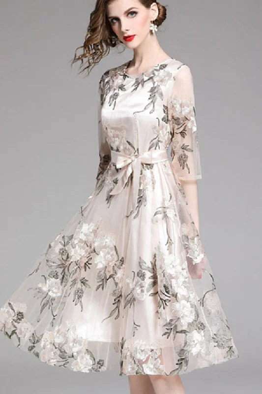 Time-Limited Offer 3/4 SLEEVE EMBROIDERED ORGANZA  A-LINE DRESS