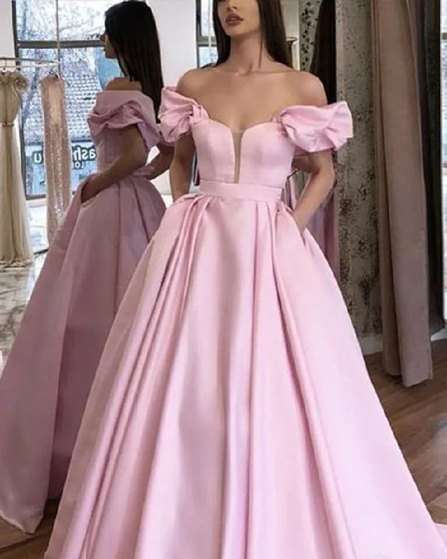 silk dressSatin Pocketed Princess Prom Formal Dress Puffy Sleeves Evening Party Dress Long,DP0146