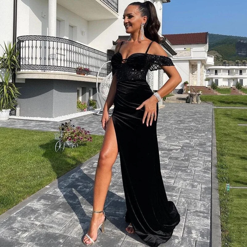 Super Bargain Black Velvet Side Split Sexy Prom Dresses with Sequins Off Shoulder Women Wear Evening Party Gowns Long Maid of Honor Vestidos,LW010