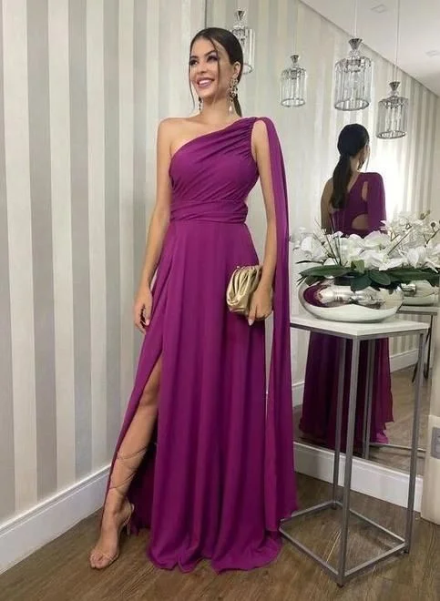 flowy dressElegant One Shoulder Purple Prom Dresses With Split,DP0172