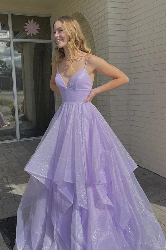 Anniversary Sale Shiny Sequins V Neck Purple Long Prom Dress Fluffy Purple Formal Evening Dress Sparkly Purple Ball Gown,F04740