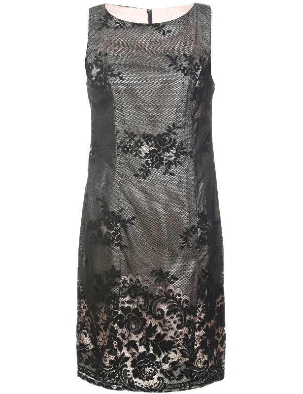 Black Floral Lace Evening Dress - M