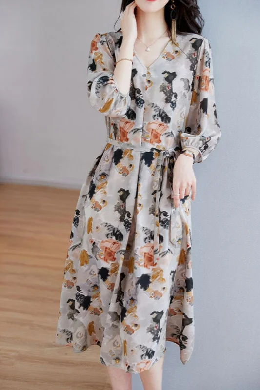 Price Rollback 100% silk Fashion design v neck multi color floral print long sleeve A-line dresses Price Rollback 100% silk Fashion design v neck multi color floral print long sleeve A-line dresses