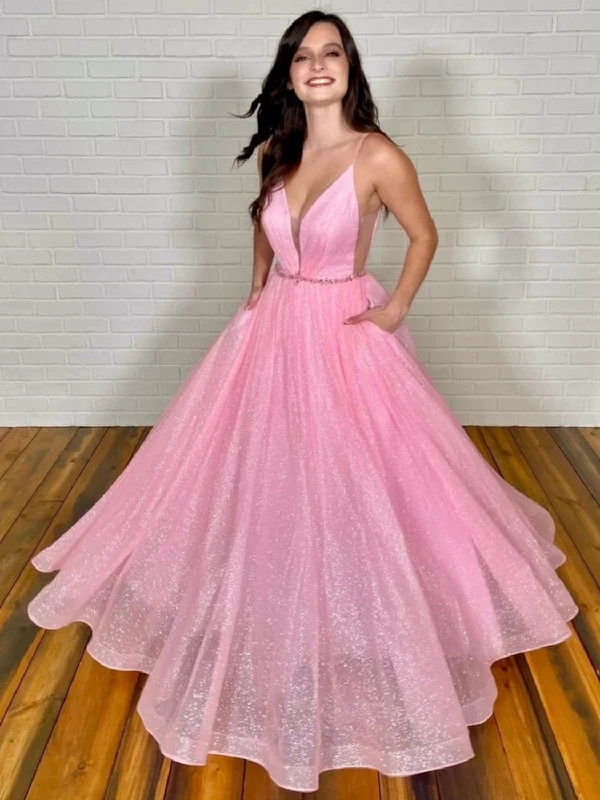 Get It Before It’s Gone PINK V NECK TULLE LONG PROM DRESS, PINK TULLE FORMAL DRESS,F04745