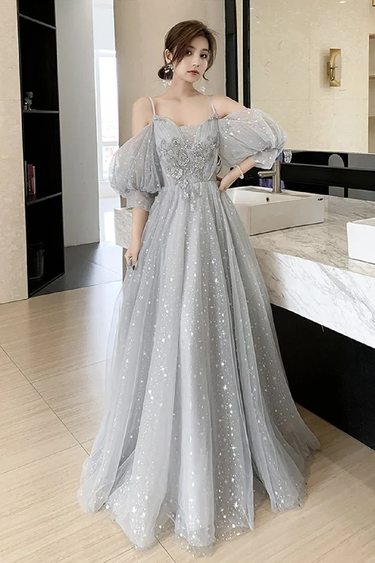 Fantastic Offers Grey tulle lace long prom dress,DS3031
