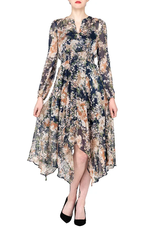 Price Buster TWO PEARS-Long Sleeve Floral Elastic Waist Asymmetrical Dress With Bottom Dress