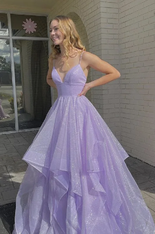 Can't Miss Purple v neck tulle long A line prom dress evening dress,DS4404