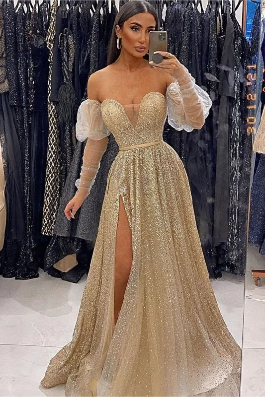 bohemian dressChampagne V-Neck Sequins Evening Front Split Prom Dress With Long Sleeves,DP0169