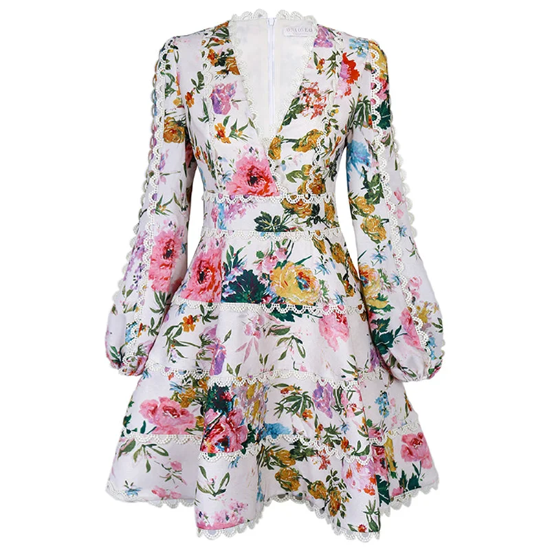 One-DAY Sale Aviva on Earth -Long Puff Sleeve Deep V-Neck Floral Fit & Flare Dress