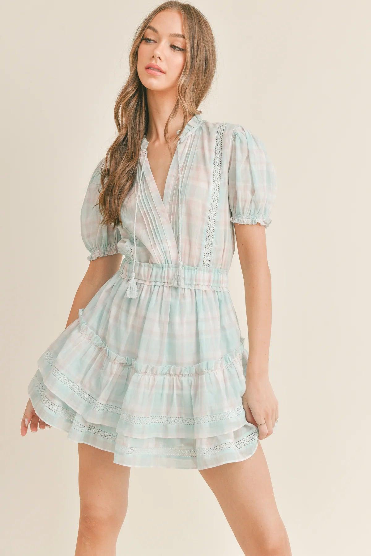 Huge Savings Mini Ruffle Dress in Checkered Aqua