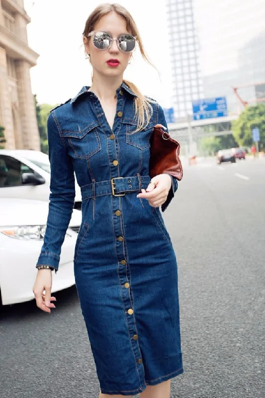 Instant Savings Long Sleeve Button Down Waist Belted Denim Dress