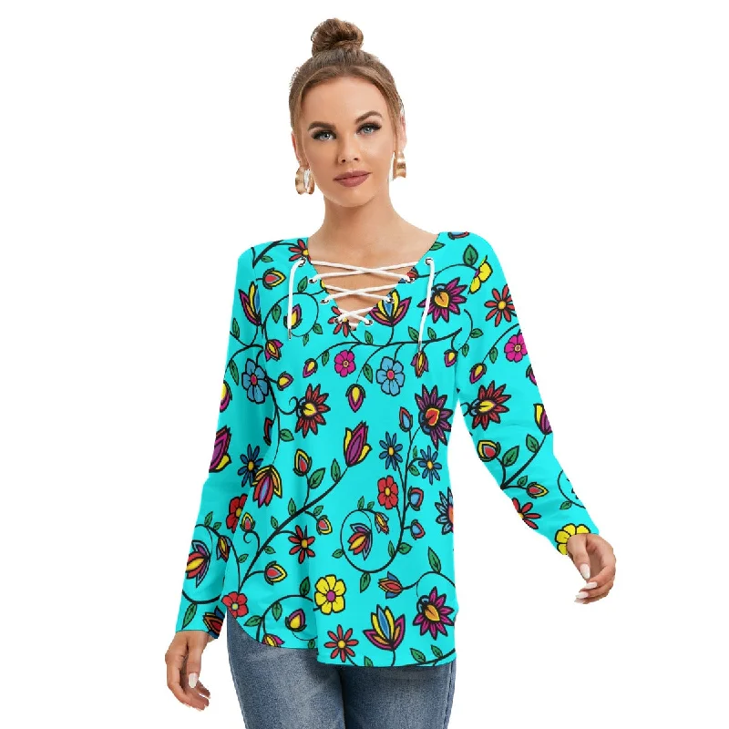 trendy fitness sweatshirtNature's Nexus Turquoise Women's Long Sleeve Neckline Tie Sweatshirt