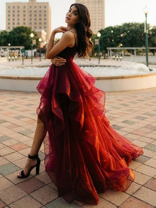 Inventory Reduction Pretty High Low Burgundy Long Prom Dresses, Wine Red High Low Formal Dresses, Fluffy Burgundy Evening Dresses,DS4425