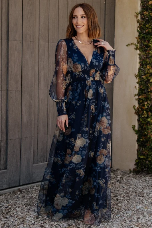 elegant evening dressLayla Tulle Maxi Dress | Blue + Golden Floral