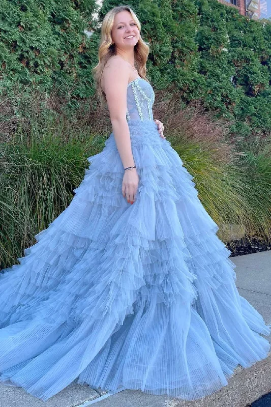 minimalistic dressPrincess Blue Strapless Tiered Tulle Prom Gown,DP0195