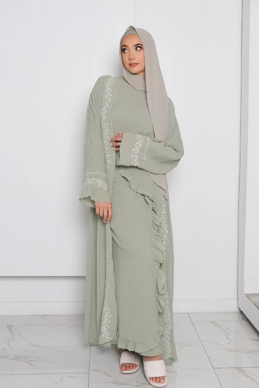 Instant Discount Dina Embroidery Abaya Set- Sage