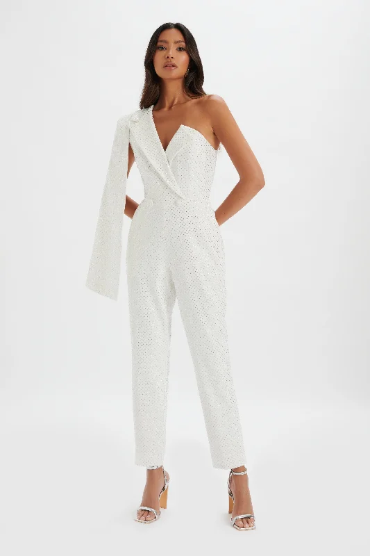 party-ready dressMISCHA Crystal Embellished One Shoulder Cape Jumpsuit in White