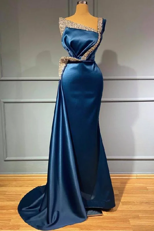 Savings Galore ONE SHOULDER BLUE BEADING SEQUNS LONG MERMAID PROM DRESS,DS3499