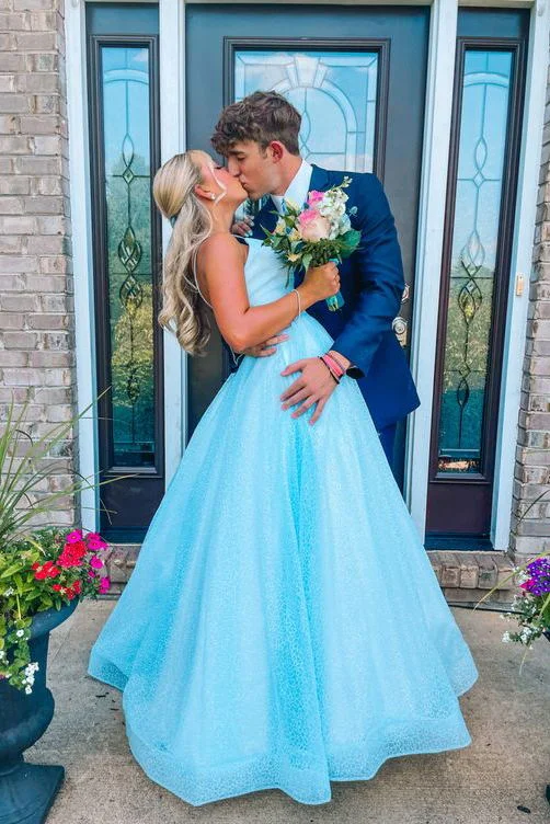 classic fit-and-flare dressStunning Sky Blue Sparkly Long Prom Dress, Spaghetti Straps A-Line Sequins Formal Gown ,DS4560