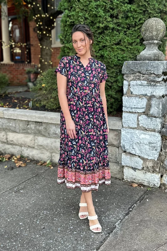 Discount Deals The Larissa Flutter Sleeve Midi Dress in Navy Floral