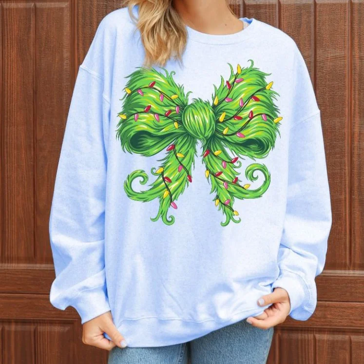 classic gym sweatshirtSimply Southern Green Fuzzy Bow Holiday Christmas Crew Sweatshirt