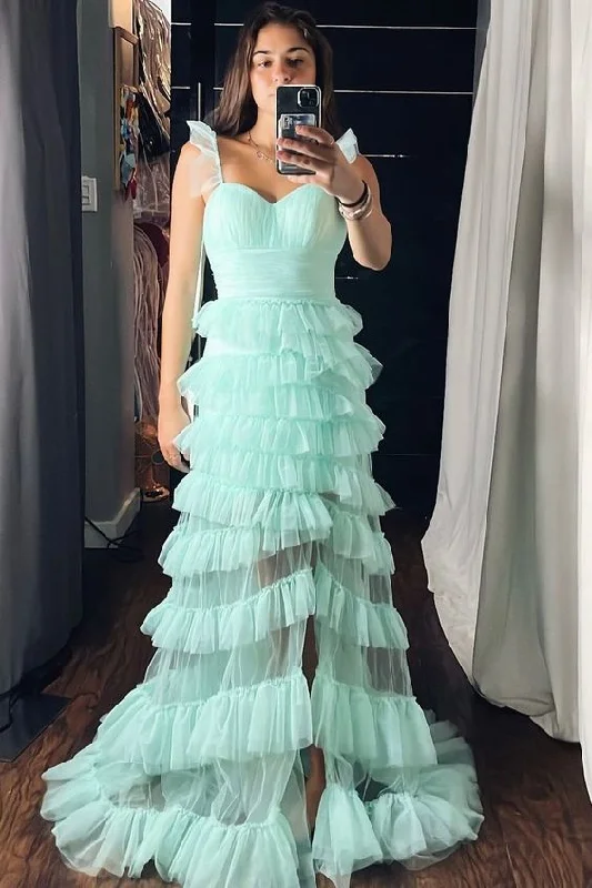 textured dressMint Green Tiered Ruffle Long Prom Dress,DP0158