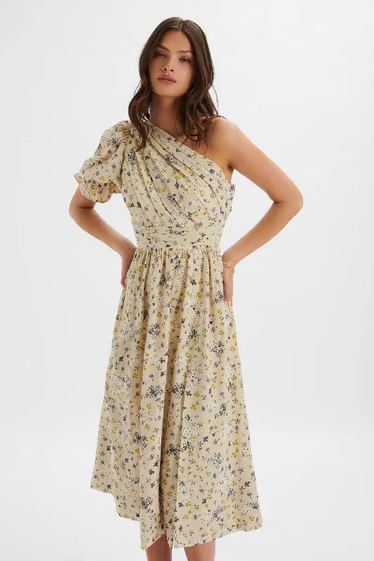 silk dressPOLLY One Shoulder Puff Sleeve Midi Dress in Floral Broidery