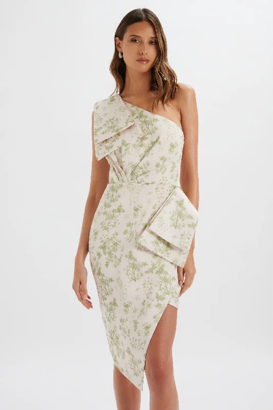 cocktail party dressBLOOM One Shoulder Bow Detail Satin Midi Dress in Green Porcelain Print