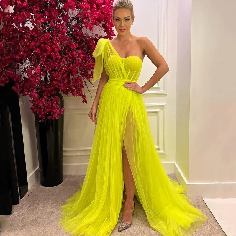 New Deals Lemon Yellow Prom Dresses Long Sweep Side Split Tulle Evening Gowns for Women Modern Sweetheart One Shoulder Robe De Soiree,LW018
