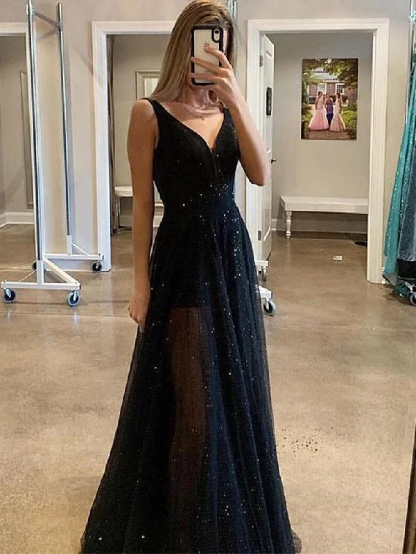 Special Savings Custom Made A Line V Neck Sparkly Sequins Black Long Prom Dresses,Black V Neck Sequins Long Evening Dresses,DS4550
