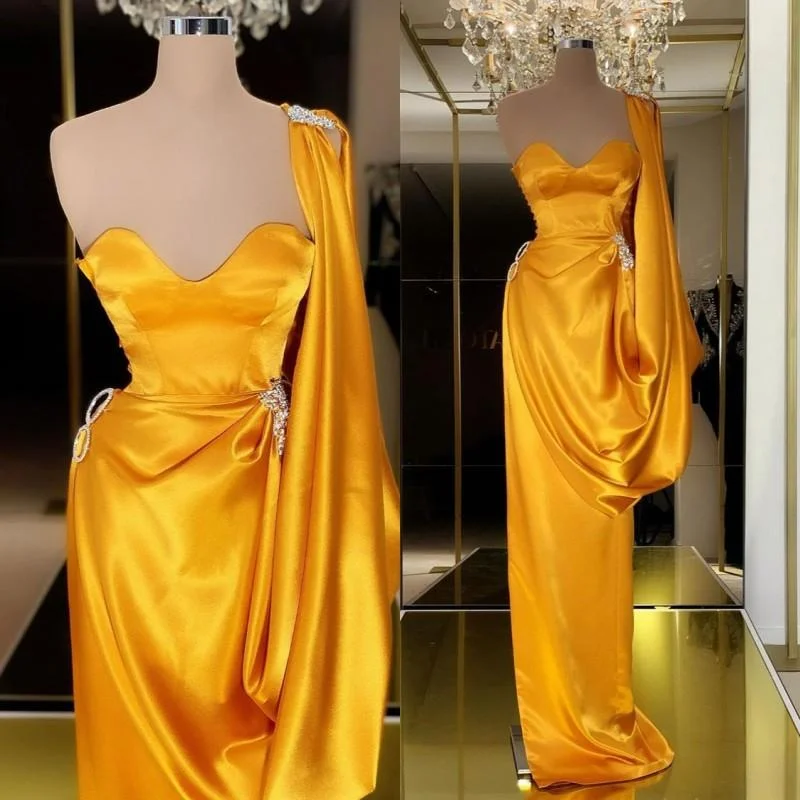 Huge Savings DESIGNER YELLOW GOLD ONE SHOULDER LONG EVENING PROM DRESS WITH RUFFLES,DS3519