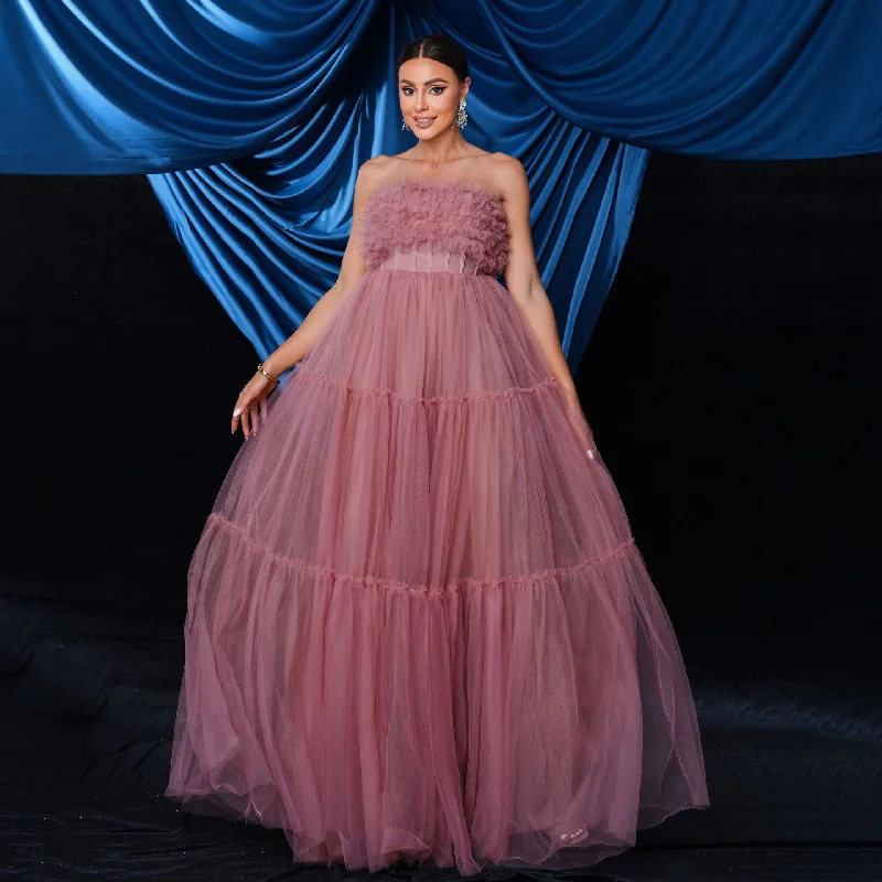 Super Sale Off Shoulder Backless Tulle Evening Pink Dress