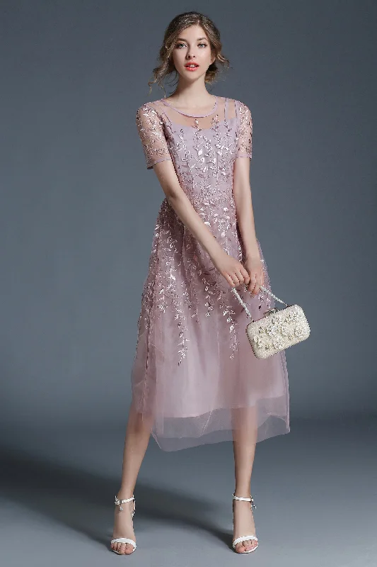 Midnight Madness SHORT SLEEVE EMBROIDERY FIT AND FLARE MESH DRESS